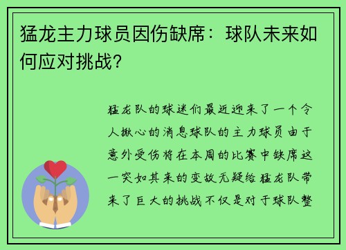 猛龙主力球员因伤缺席：球队未来如何应对挑战？